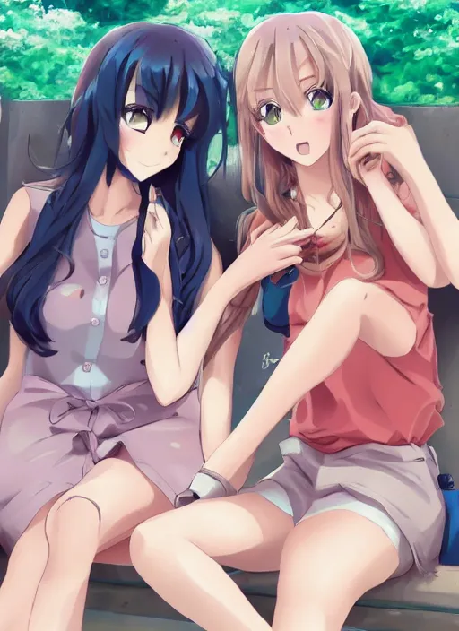 Image similar to two beautiful mothers sitting across from each other, summer clothes, gorgeous faces, thick lines, cinematic lighting, detailed anime art