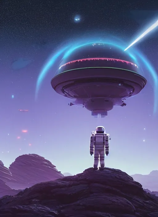 Image similar to a lonely astronaut overlooking at an amazing alien landscape with stars, digital art, breathtaking, light particles, extremely detailed, establishing shot, hyperrealistic, dynamic lighting, particles, unreal engine, simon stålenhag, rendered by Beeple, Makoto Shinkai, syd meade, simon stålenhag, Ruan Jia, Kentaro Miura, environment concept, trending on artstation, octane render, 4K UHD image