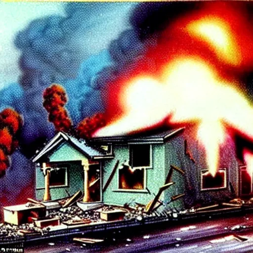Image similar to color photo from the 80s, the shelling of a house in New York by Soviet soldiers, epic style, a bunch of explosions, realistic style