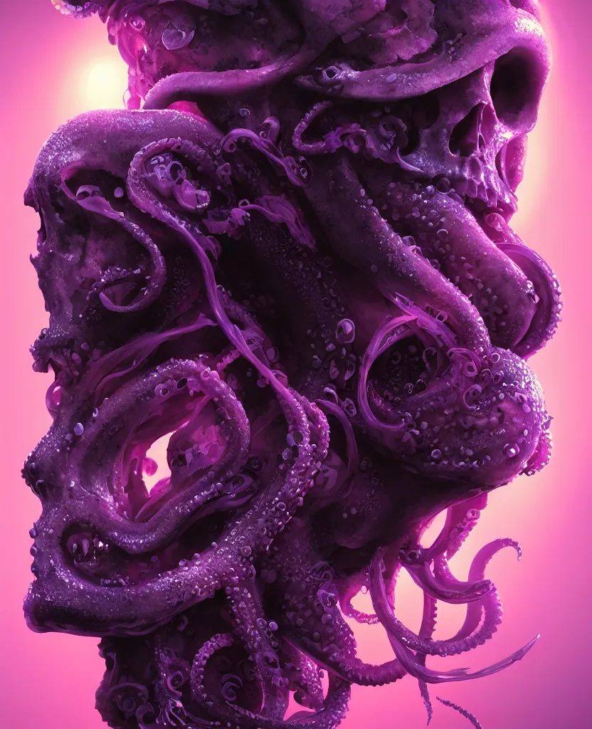 Image similar to goddess close - up portrait human skull, ram skull, squid phoenix jellyfish, orchid, betta fish, bioluminiscent, intricate artwork by tooth wu and wlop and beeple. octane render, trending on artstation, greg rutkowski very coherent symmetrical artwork. cinematic, hyper realism, high detail, octane render, 8 k