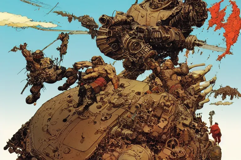 Prompt: full page illustration big guy and rusty doing cool stuff, by Katsuhiro Otomo, Geof Darrow, Phil hale, Ashley wood, Ilya repin, frank frazetta, 8k, hd, high resolution print