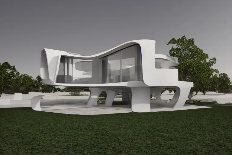 Image similar to photo of a futuristic modernized house designed in the style of seppo mantyla, 4 k, realistic render