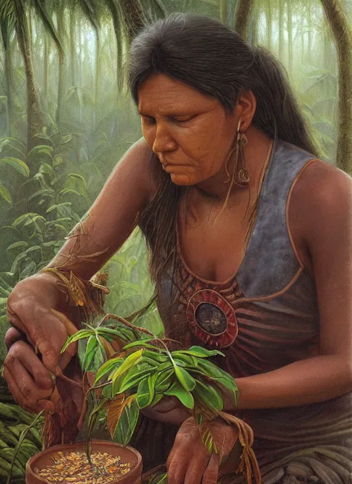 Image similar to a beautiful close up portrait of an indigenous woman preparing plant medicines in the jungle, highly detailed, art by christophe vacher