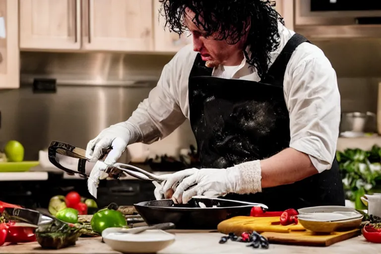 Prompt: cooking with edward scissorhands, cooking show, television, 4k