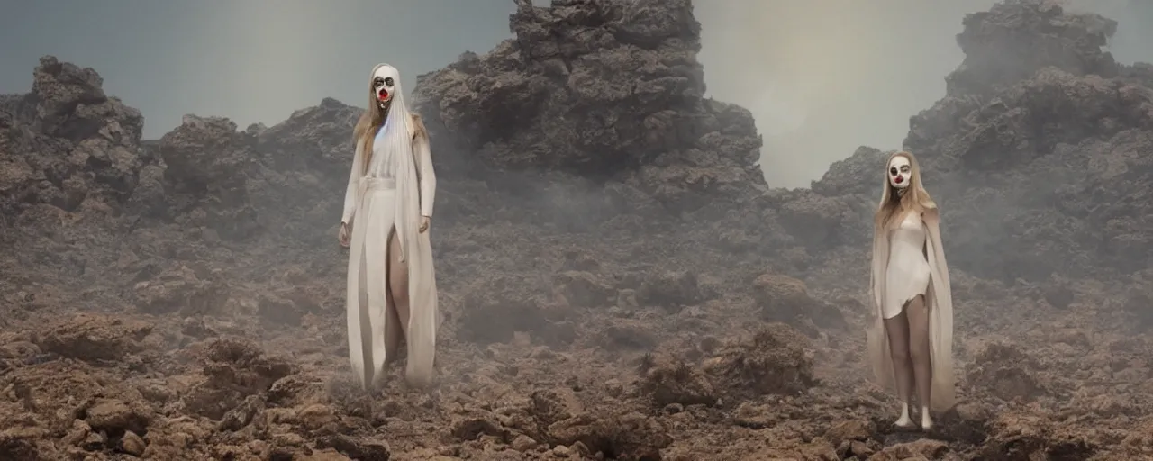 Prompt: The full body shot of beautiful pale woman with white flowers and full-face golden mask in a rocky desert landscape, a giant mirror and smoke around her, volumetric lighting, fire, multiple eyes and dry earth by Denis Villeneuve, Lubezki, Gaspar Noe and Christopher Doyle, anamorphic lens, anamorphic lens flares, kodakchrome, cinematic composition, practical effects, award winning photo, 8k