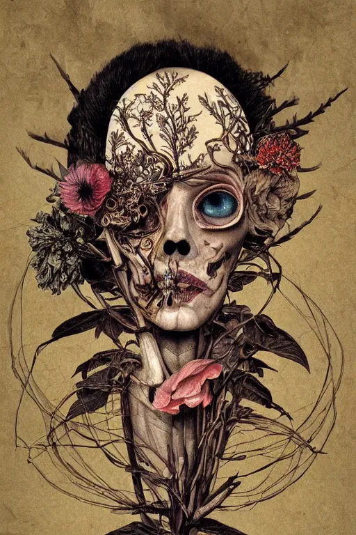 Prompt: Detailed maximalist portrait a with large lips and with large eyes, exasperated expression, botanical skeletal with extra flesh, HD mixed media collage, highly detailed and intricate, surreal illustration in the style of Caravaggio, dark art, baroque