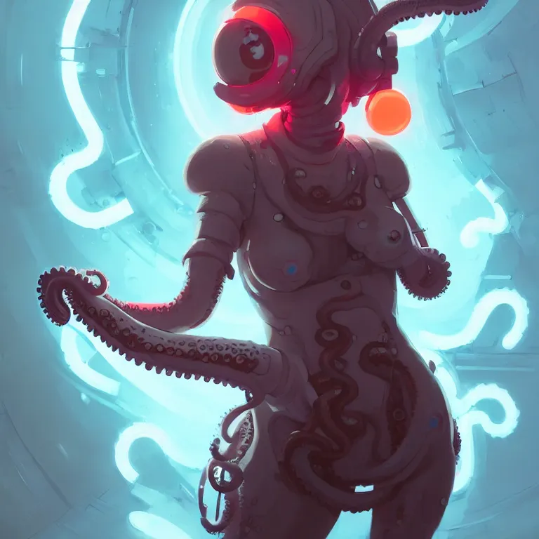 Prompt: portrait of cute octopus tentacle space girl with glowing red eyes, warhammer, cyberpunk by atey ghailan, by greg rutkowski, by greg tocchini, by james gilleard, by joe gb fenton, by in kaethe butcher, dynamic lighting, gradient light blue, brown, blonde cream and white color in scheme, grunge aesthetic, dark background