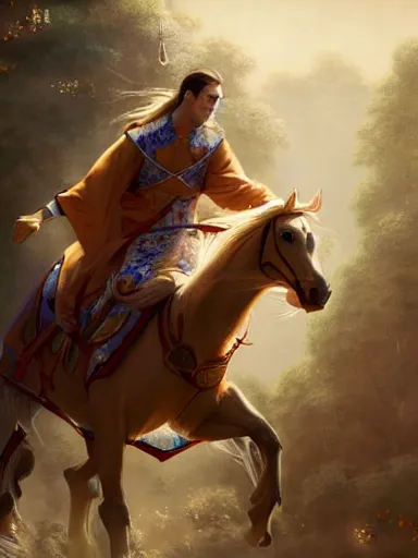 Image similar to a handsome man weaing a silk robe, happy and disarmed, laurels of glory, returns to home triunphantly mounted in a horse. full of pride. victorirous. prideful.. intricate, elegant, highly detailed, digital painting, artstation, concept art, sharp focus, illustration, by justin gerard and artgerm, 8 k