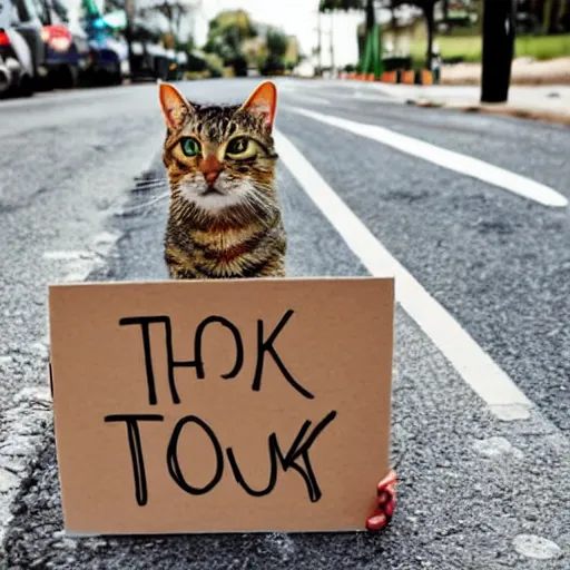 Image similar to a cute tabby cat holding a sign that says