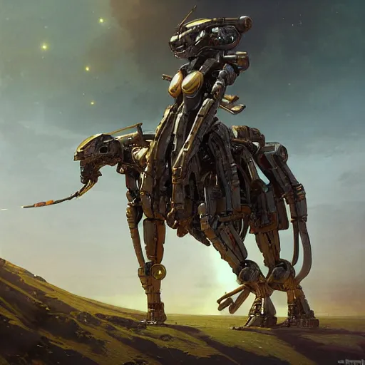Image similar to epic painting of a realistic four - legged intricate battle robot, rule of thirds, golden ratio, subject in center of frame, trending on artstation, detailed science fiction matte painting by artgerm and greg rutkowski and alphonse mucha,