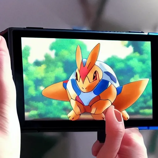 Image similar to “The Pokémon Koraidon looking at its reflection in a Nintendo switch screen, over-the-shoulder-shot, digital art”