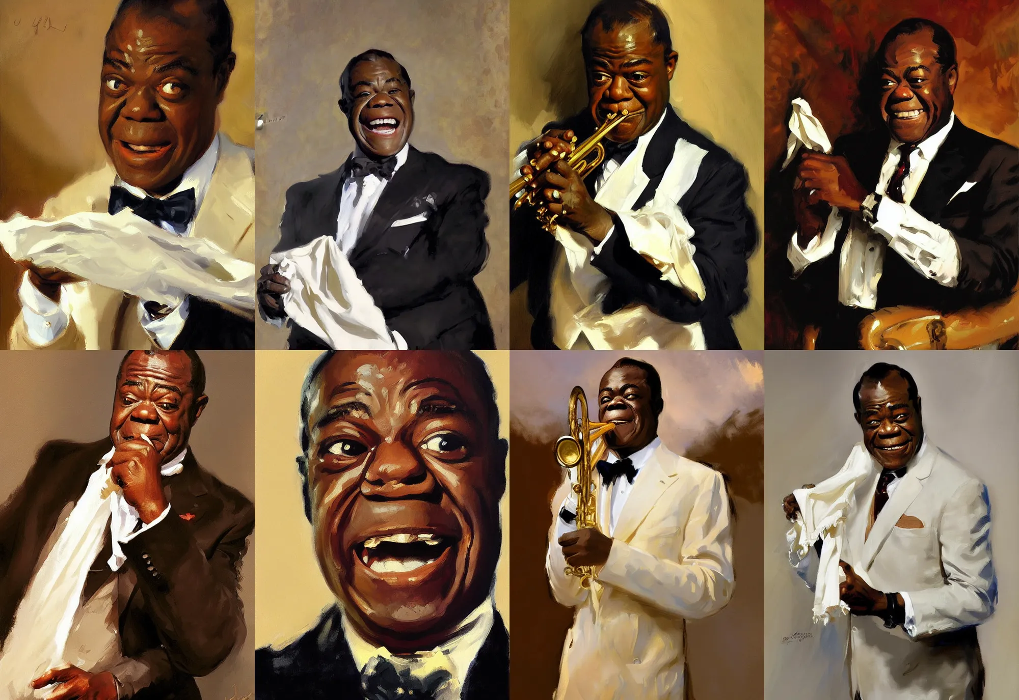 Image similar to a portrait of louis armstrong holding a white handkerchief, by john singer sargent and jonathan yeo and greg manchess, dramatic lighting, highly detailed digital painting