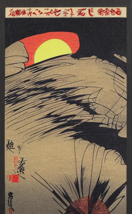 Prompt: by akio watanabe, manga art, the curtain of a japanese theatre, trading card front, sun in the background