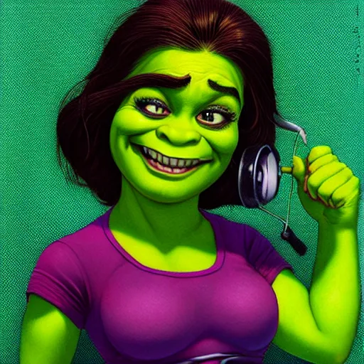 Prompt: lofi portrait of shrek as shehulk, pixar style, by tristan eaton stanley artgerm and tom bagshaw.