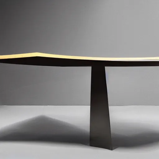 Prompt: futuristic wood table with surreal legs by frank gehry, brutalist style, product shot