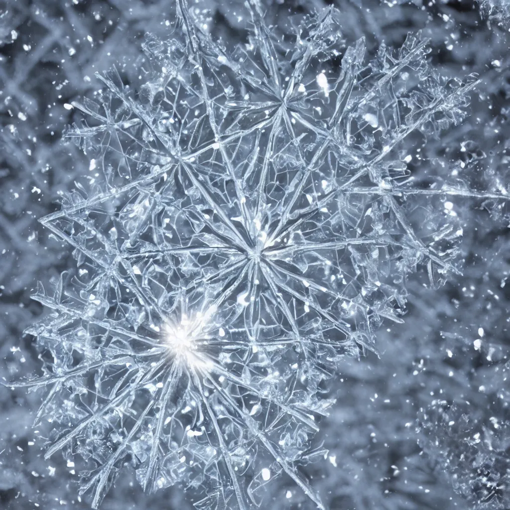 Prompt: a beautiful snowflake, reflecting in the light, 8k, photorealistic, award winning photography