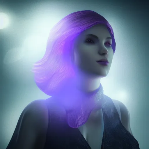 Image similar to luminescent purple wizard, realistic style, female, dark background, volumetric fog, 4K