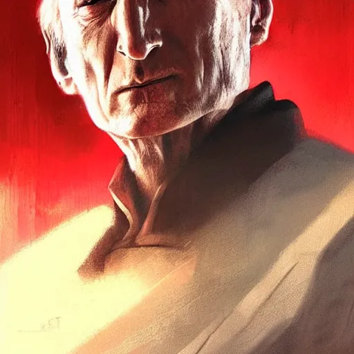 Image similar to portrait of a man by greg rutkowski, he looks like charles dance, star wars expanded universe, he is about 7 0 years old, wearing white and red chancellor clothes of the galactic triunvirate.