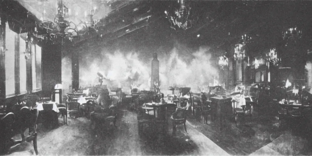 Image similar to the interior of a luxury restaurant that is burning while odd monsters appear in the background, 1 9 0 0 s photograph