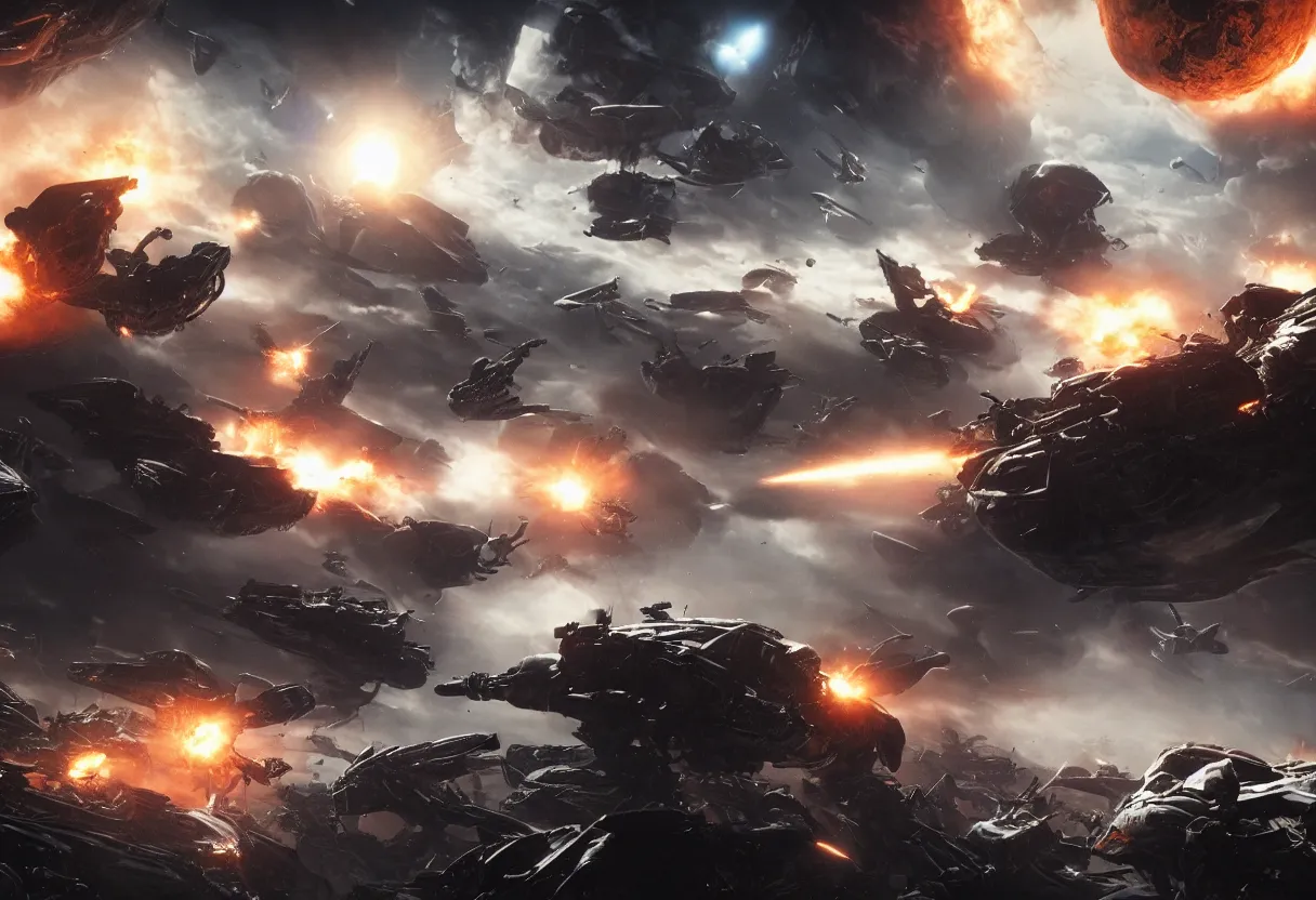 Prompt: epic and horrendous space battle between aliens and humans, ominous background, hyperrealism, realistic, dramatic lighting, octane render, highly detailed, cinematic lighting, cinematic, art by rubens and rutkowski and rembrandt