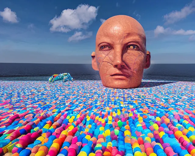 Image similar to a long shot of a giant award winning sculpture made out of thousands of inflatable pool toys in the shape of a realistic human head on the surface of the ocean, in the style of chad knight, hyper detailed, hyper realistic, ray tracing, 8 k resolution, sharp focus, realistic water