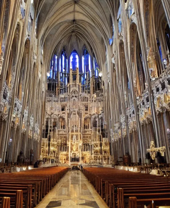 Prompt: an interior view of a grand cathedral made of bones and gemstones