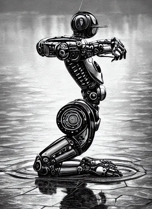 Image similar to a very detailed robot, bent over the reflection in a puddle, black and white, manga, perfectly face, highly detailed, masterpiece, artstation, golden ratio, soft light, perfect intricate highly detailed, detailed, painting by jemes jean, digital lines, 8 k