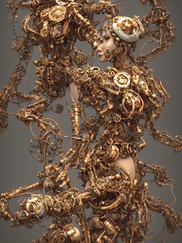 Prompt: a beautiful goddesses intertwined by intricate bio - mech tendrils made of machine and robot parts, by justin gerard and james jean, 3 d, cinema 4 d render, trending on artstation, octane render, 8 k