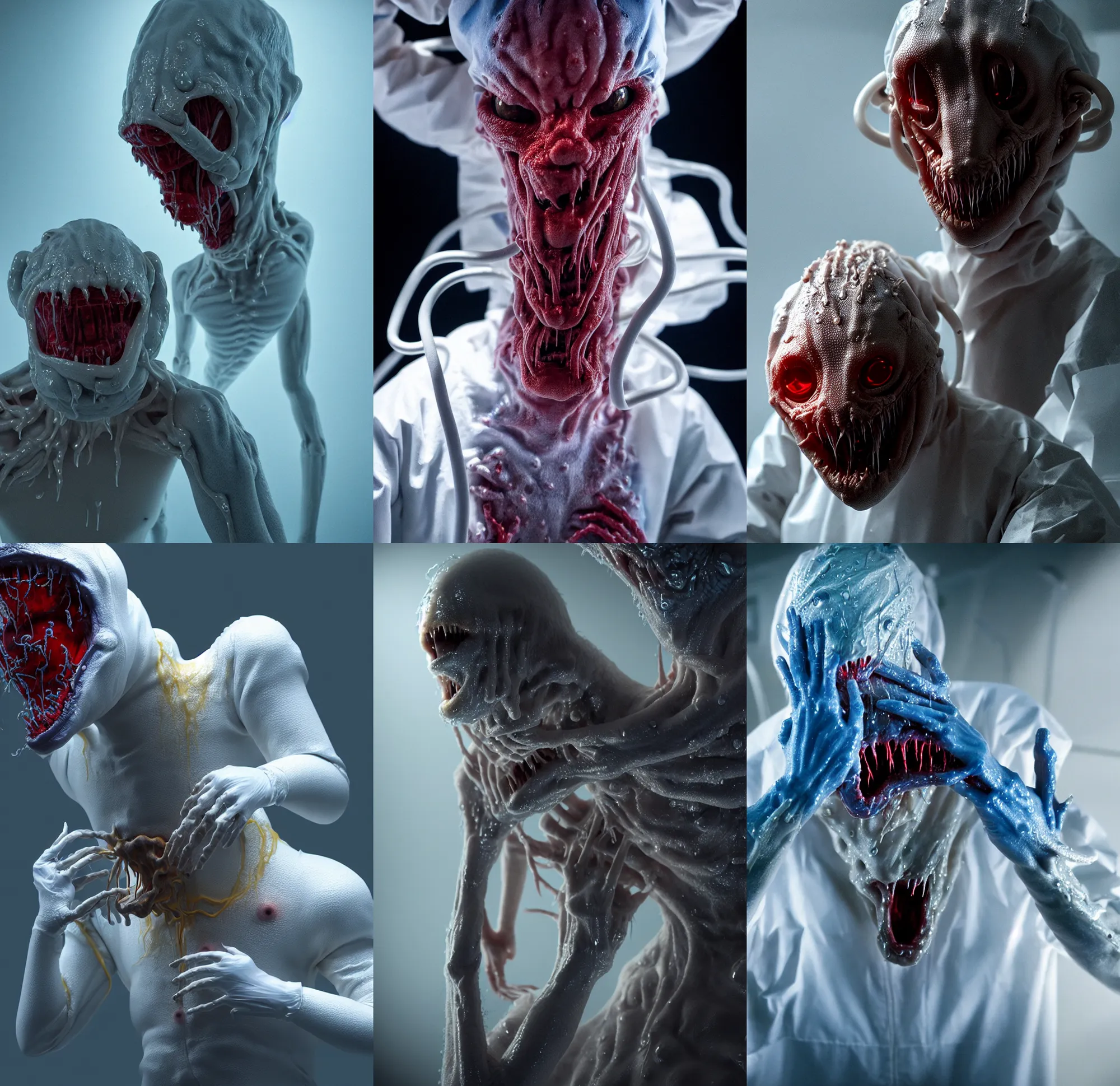 Prompt: a wet skin creature in laboratory protective clothing under stage light, crawling humanoid monsters, saliva, membrane pregnancy sac, respiratory flap, super realism, claws, octane rendering, cinematic. white, grey blue and golden red color scheme. medium shot, 2 4 mm, lens dust, labcoats, david fincher, james wan, gritty, moody, eerie, dark arts