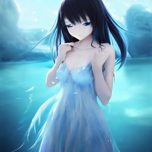 Image similar to advanced digital art, a very cute anime girl wearing a dress made of water standing in a crystal lake turning into mist , full body, very long black hair, azure blue watery eyes, full round face, cinematic lighting, MCU, mid-shot, highly detailed, trending on artstation, Unreal Engine 4k, Stanley Artgerm Lau, WLOP, Rossdraws, James Jean, Andrei Riabovitchev, Marc Simonetti, and Sakimichan