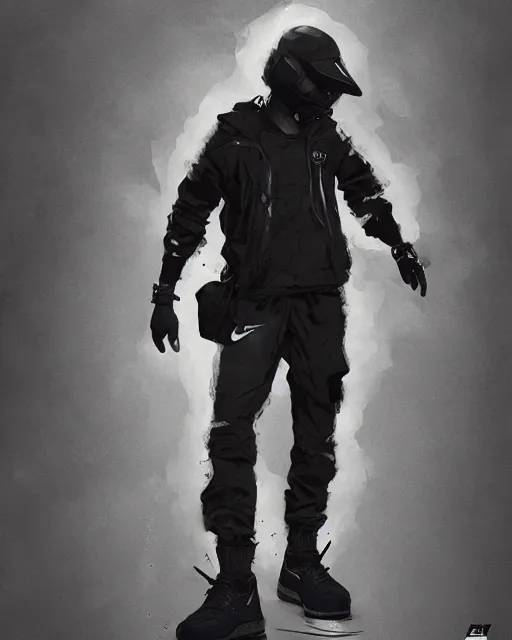 Image similar to Medium shot of a character wearing Nike ACG+Acronym+Riot Division in the style of greg rutkowski