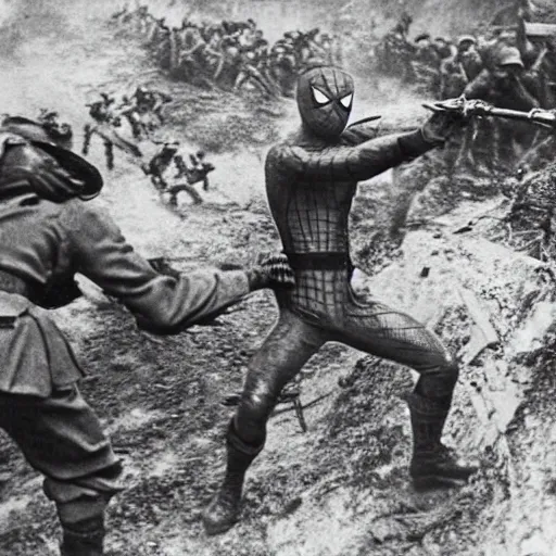 Prompt: world war II photograph of spider-man fighting on the front lines