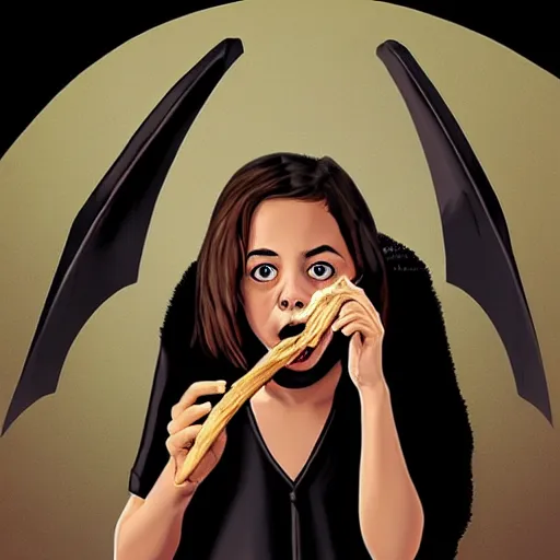 Prompt: young witch aubrey plaza eating a bat, art by sam yang