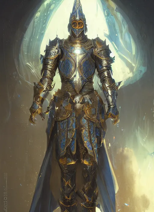 Prompt: a knight in amazing fantasy armor that glows, bursting with blue light, sleek, lightweight but imposing, light glowing from the seams. intricate and ornate. concept art from artstation. beautiful highly detailed fantasy painting by greg rutkowski