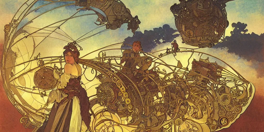 Image similar to a steampunk airship emerges over the horizon of an alien planet, artwork by alphonse mucha, dramatic lighting, long shadows, brushstrokes, paper texture.