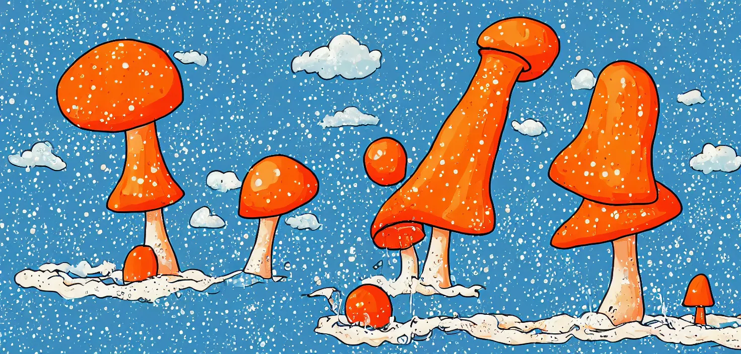 Image similar to a giant mushroom and a giant carrot aking a warm bubble bath, digital art in the style of Ralph goings