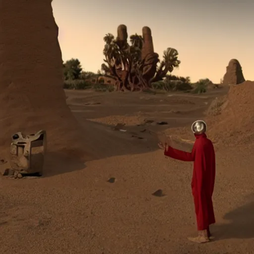 Image similar to a still of a Martian speaking to an ancient village