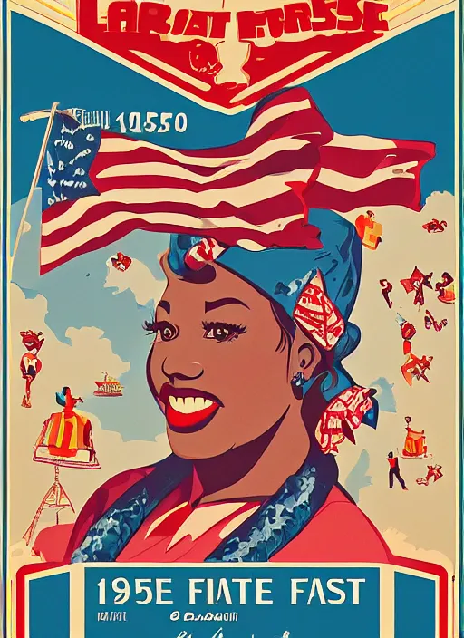 Prompt: a 1940s style state fair print poster design, digital art, designed and illustrated by Jermaine Rogers and Larent Durieux