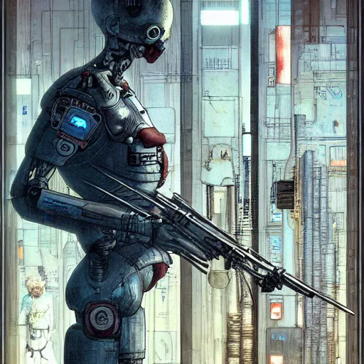 Image similar to Digital portrait of a cyborg from Ghost in the machine by Enki bilal and Moebius and Salvator dali, cyberpunk, impressive perspective, aesthetic, masterpiece