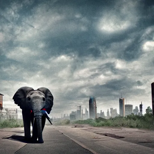 Image similar to elephant in a post apocalyptic city where the sky is green