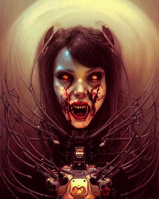 Image similar to d. va from overwatch, character portrait, portrait, close up, concept art, intricate details, highly detailed, horror poster, horror, vintage horror art, realistic, terrifying, in the style of michael whelan, beksinski, and gustave dore