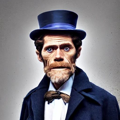 Image similar to willem dafoe as a rough dirty man with a scruffy beard in a dark blue trenchcoat and tophat as the new doctor who, cinematic, volumetric lighting, f 8 aperture, cinematic eastman 5 3 8 4 film, photorealistic