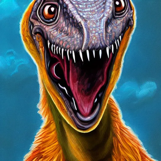 Image similar to dwayne the rock as a velociraptor dinosaur in miami, portrait painting