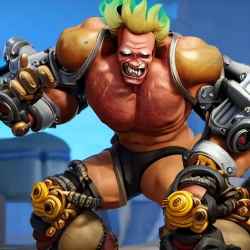 Image similar to a screenshot of junkrat arnold schwarzenegger as junkrat in overwatch