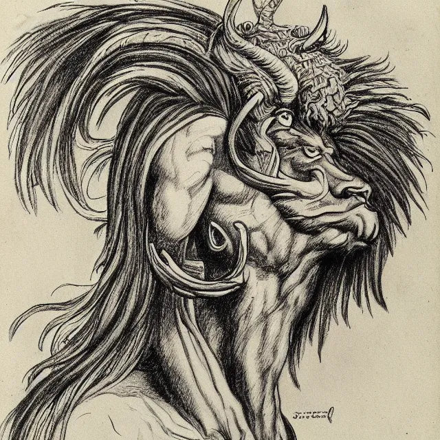 Image similar to human / eagle / lion / ox hybrid with two horns, one beak, mane and human body. drawn by da vinci