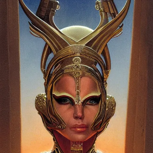 Image similar to seductive, clothed science fiction mutant byzantine priestess with long neck and geometric headdress and mask, by boris vallejo, deak ferrand, and greg rutkowski