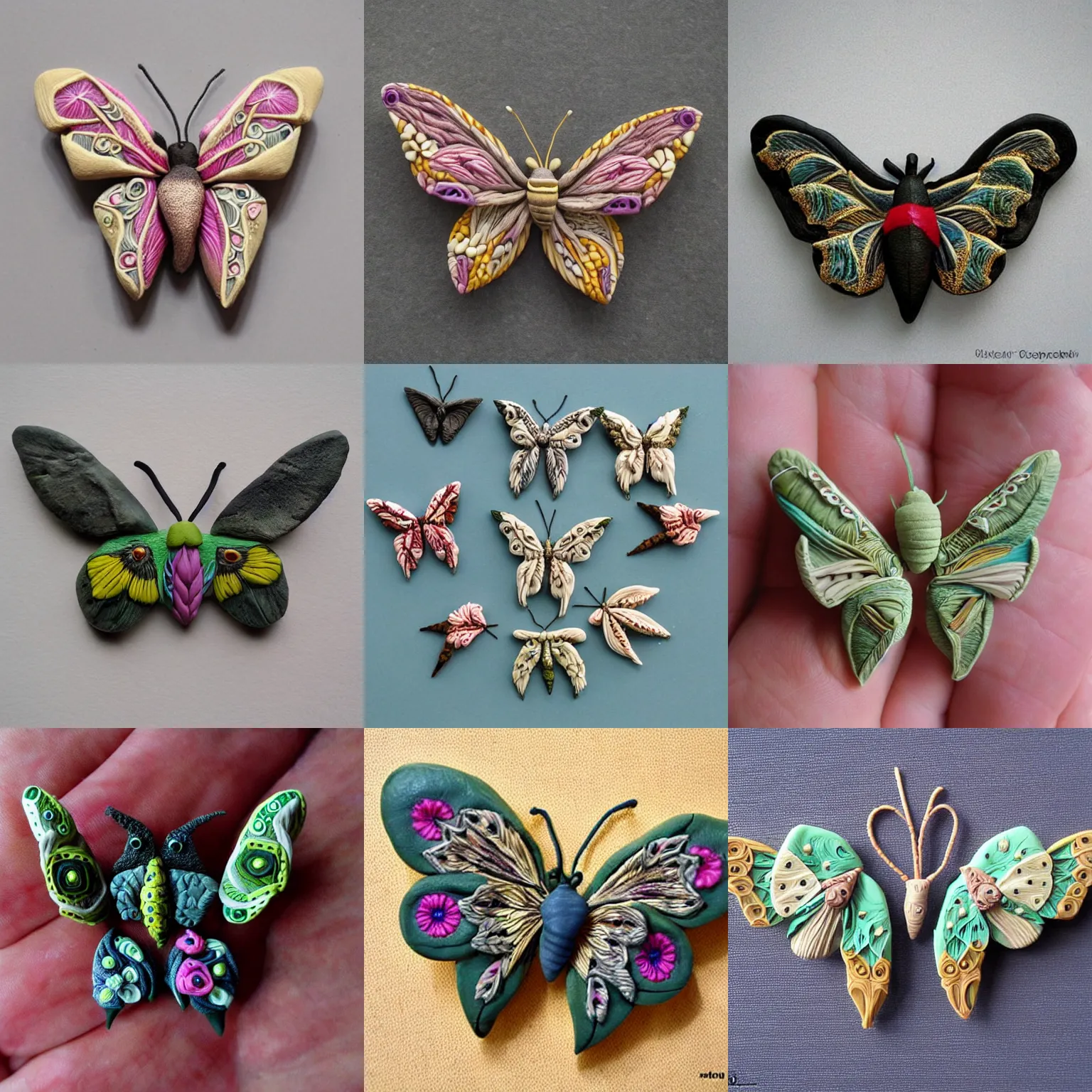 Prompt: moths made of polymer clay intricate details