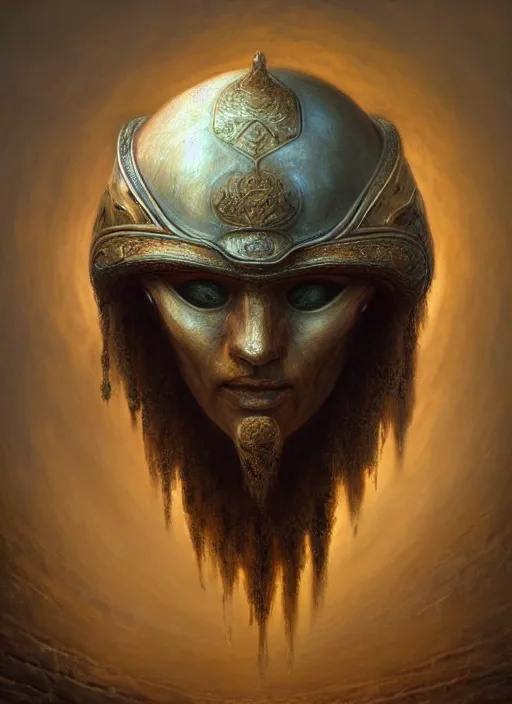 Image similar to Helmet of a forgotten Deity, ivory, copper elements, extremly detailed digital painting, in the style of Tomasz Alen Kopera, mystical colors, rim light, beautiful lighting, 8k, stunning scene, raytracing, octane, trending on artstation