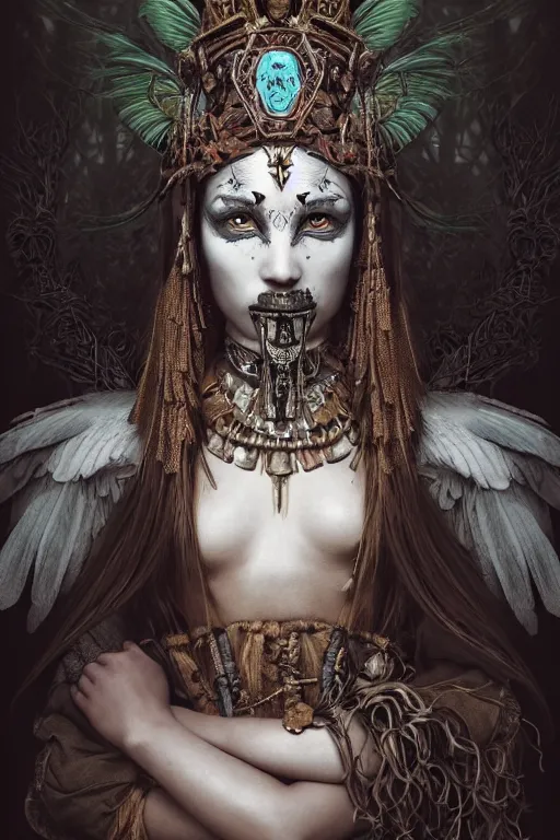 Image similar to A masterpiece ultrarealistic portrait of a Irristible angel princess tribal-shaman-knight-witch-ghost with Skull Iron mask. baroque renaissance girl in the night forest. medium shot, intricate, elegant, highly detailed. trending on artstation, digital art, by Stanley Artgerm Lau, WLOP, Rossdraws, James Jean, Andrei Riabovitchev, Marc Simonetti, Yoshitaka Amano. background by James Jean and Gustav Klimt, light by Julie Bell, 4k, porcelain skin.