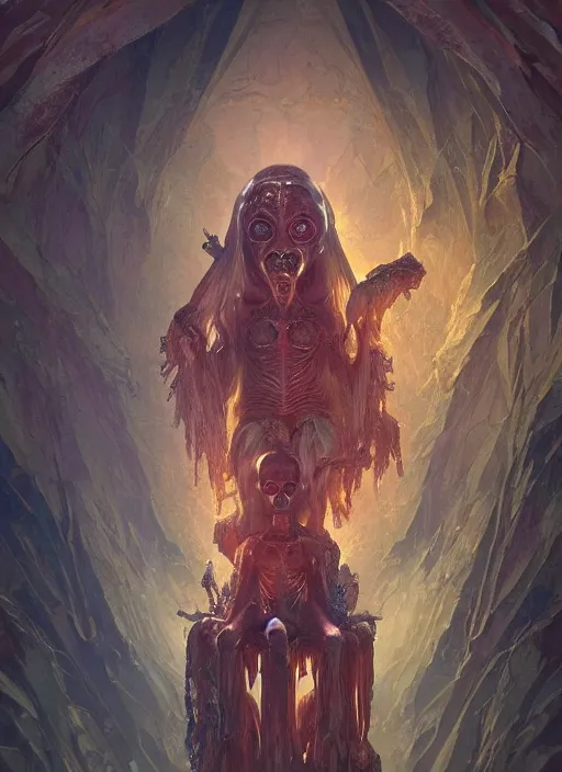 Image similar to hyper realistic photography of intricate symmetric strange alien child god sitting on ruined ornamented opal throne in a crystal cave detailed, greg rutkowski, mignola, moebius, artstation, cgsociety